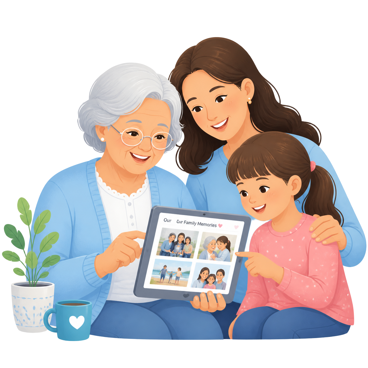 A grandmother, mother, and grandchild sharing family memories on a tablet